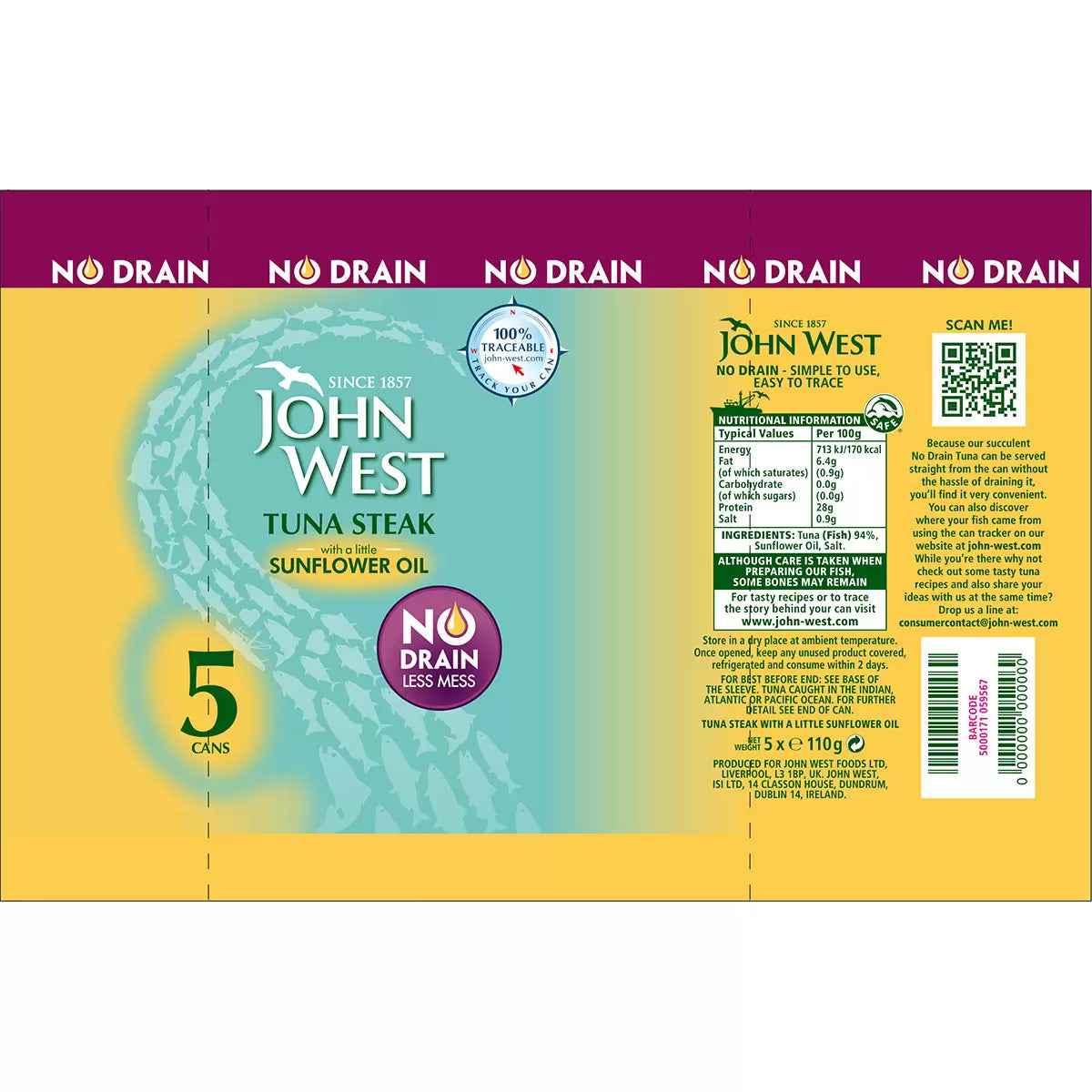 John West No Drain Tuna Steak in Sunflower Oil, 5 x 110g