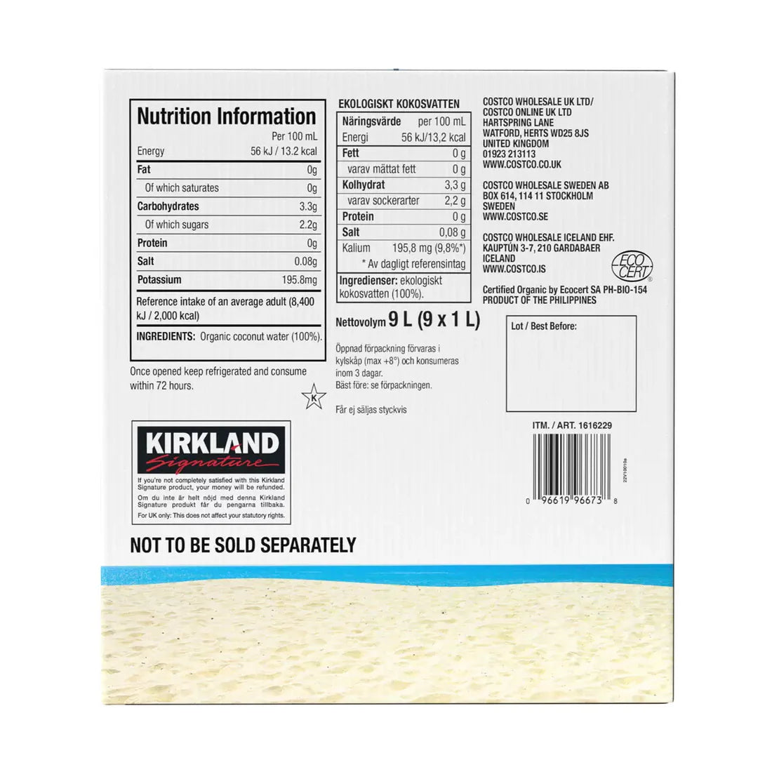 Kirkland Signature Organic Coconut Water No Added Sugar, 9 x 1L bulk buy