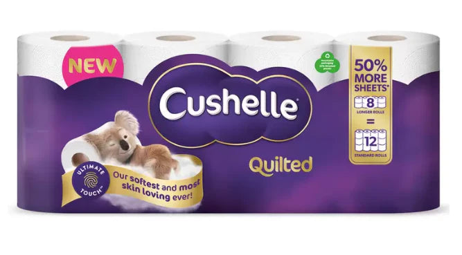 Cushelle Quilted Toilet Rolls, 3-Ply, 8 Long Rolls Equal to 12 Standard Rolls, Soft and Absorbent